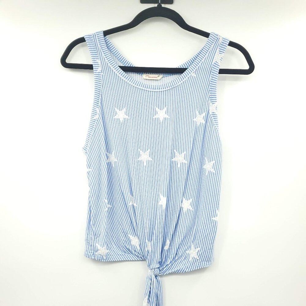 Maronie Front Tie Star Tank Top Blue White Small